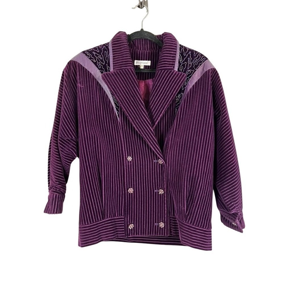 Vintage Pinstriped Blazer 44 Purple 80s Retro Leather Rhinestone Corduroy Artsy